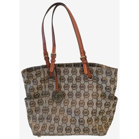 Michael Kors Brown MK Monogram Canvas Shoulder Tote Bag Purse - Picture 1 of 11